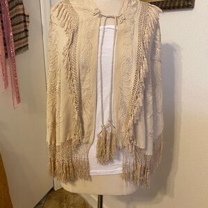 Vintage America Cream Fringe Open-Front Shawl- Shrug